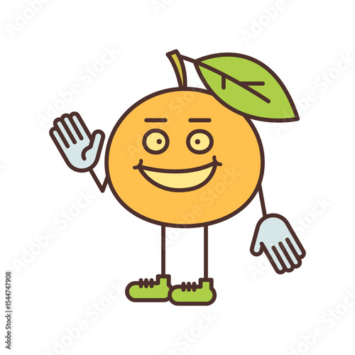 Orange character half turn waves his hand and smiling
