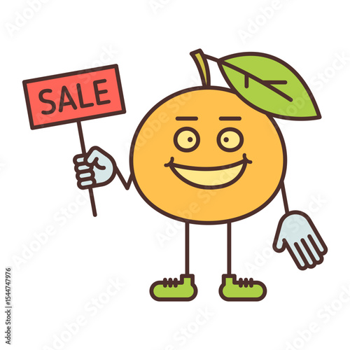 Orange character holding sign with inscription sale and smiling