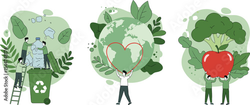 Eco-friendly illustration of people recycling plastic, loving planet Earth, promoting healthy food, green living, sustainability, and environmental care concept.