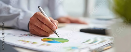 A person analyzes colorful pie charts and graphs on printed documents, using a pen for detailed review in a bright office setting.