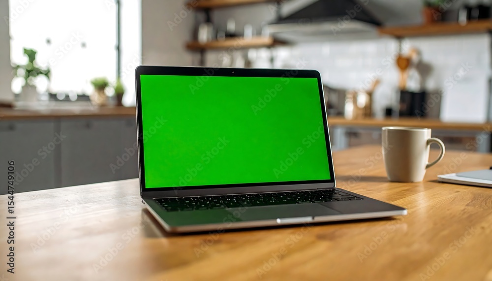Laptop with green screen on kitchen table, modern kitchen background Laptop with green screen on kitchen table, modern kitchen background