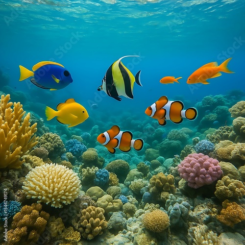Underwater coral reef with exotic fish, crystal-clear water, natural sunlight