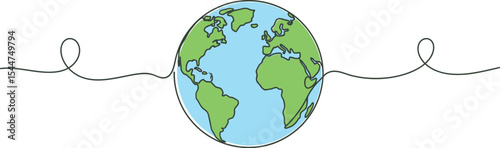 Continuous line drawing of earth globe with continents and oceans view