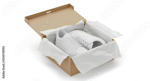 Blank, empty sneaker mockup, inside open shoebox perspective view with tissue paper isolated, 3d rendering, Isolated unboxing branding template.