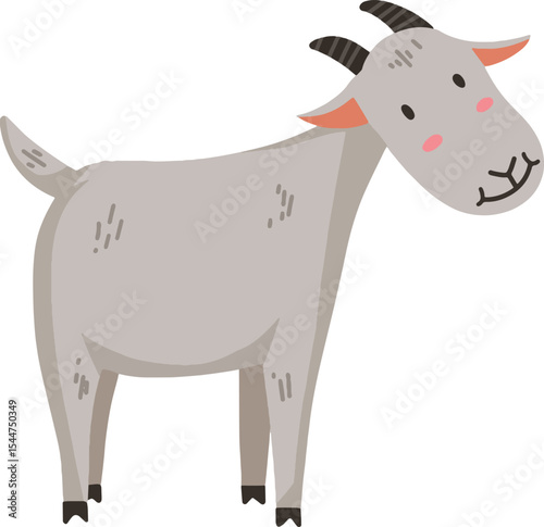 Cartoon illustration of a cute grey goat with horns and a happy expression