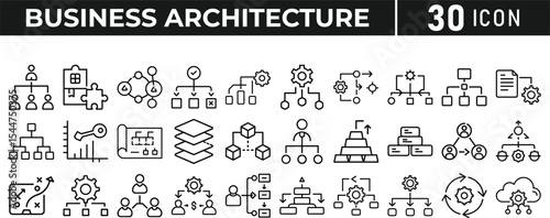 Set of 30 outline icons related to business architecture, line icon bundle