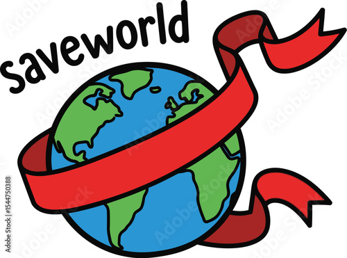 Cartoon earth with red ribbon and saveworld text on a white background