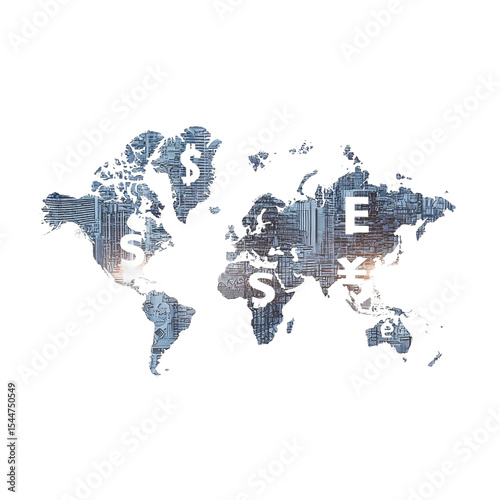World Currency Map: A world map featuring overlaid city textures, interspersed with currency symbols, set against a clean backdrop.