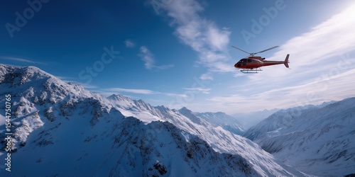 Red helicopter soaring over snow-covered mountain peaks in clear blue sky