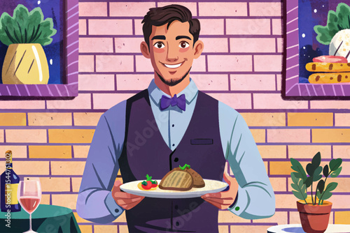 smiling waiter serving a dish in an elegant restaurant vector perfect for hospitality, fine dining service, or restaurant branding visuals