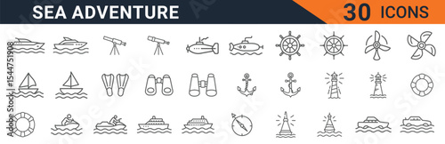 Sea Adventure Vector Icon Set | Adjustable Line Weight | Boat, anchor, lighthouse, diving, submarine, sailing, compass, marine, flippers, cruise, ocean, travel, exploration icons. Vector Illustration.