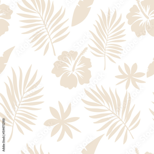 Beige tropical floral palm leaf pattern on white background seamless pattern for fabric, textiles, clothing, wallpaper, cover, banner, home decor, florals backgrounds