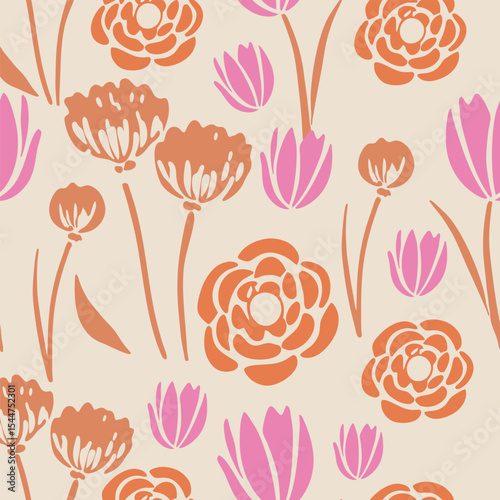 Pink and orange wildflower floral pattern on cream background seamless pattern for fabric, textiles, clothing, wallpaper, cover, banner, home decor, florals backgrounds