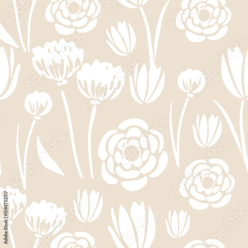 Beige floral wildflower silhouette  seamless pattern for fabric, textiles, clothing, wallpaper, cover, banner, home decor, florals backgrounds