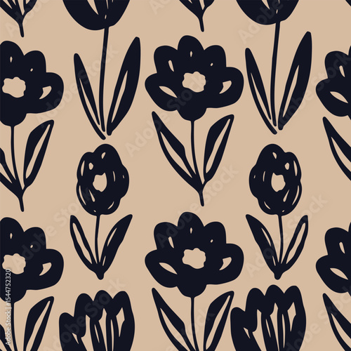 Black floral sketch pattern on beige background seamless pattern for fabric, textiles, clothing, wallpaper, cover, banner, home decor, florals backgrounds