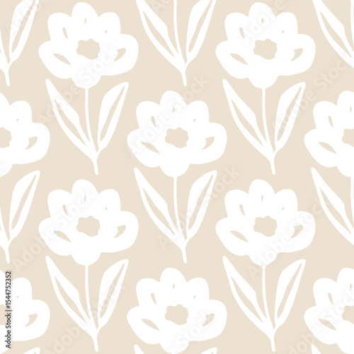 White floral sketch pattern on beige background seamless pattern for fabric, textiles, clothing, wallpaper, cover, banner, home decor, florals backgrounds