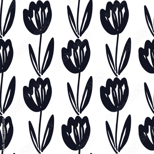 Black floral hand drawn pattern on white background seamless pattern for fabric, textiles, clothing, wallpaper, cover, banner, home decor, florals backgrounds