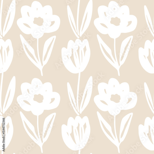 White floral sketch pattern on beige background seamless pattern for fabric, textiles, clothing, wallpaper, cover, banner, home decor, florals backgrounds