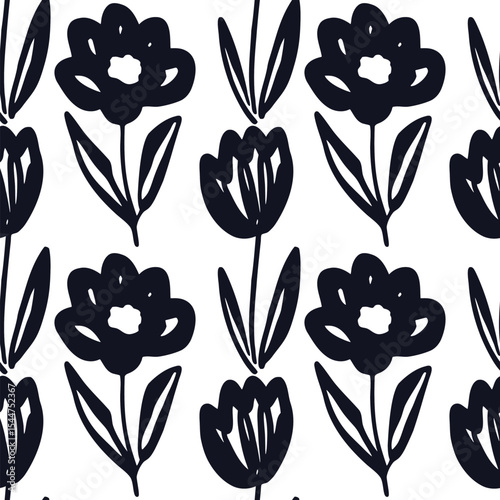 Black floral hand drawn pattern on white background seamless pattern for fabric, textiles, clothing, wallpaper, cover, banner, home decor, florals backgrounds