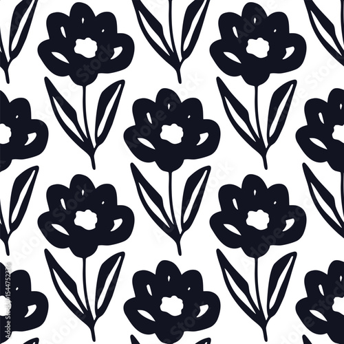 Black floral hand drawn pattern on white background seamless pattern for fabric, textiles, clothing, wallpaper, cover, banner, home decor, florals backgrounds