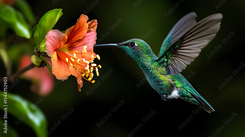 Obraz premium A hummingbird sipping nectar from a tropical flower.