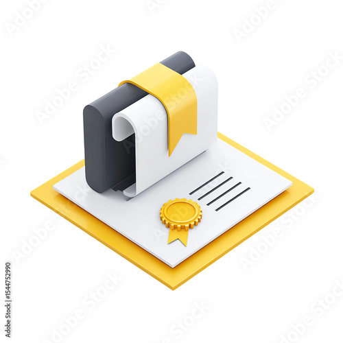 Certificate with Seal and Ribbon:  A 3D isometric illustration of a certificate with a golden seal and yellow ribbon, symbolizing achievement, education, or completion.