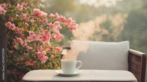 cozy coffee cup resting on comfortable chair overlooking blooming garden