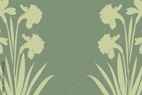 Pale daffodil floral border vector illustration with botanical sketch on green background, place for a text