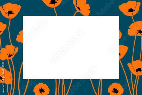 Orange poppy border vector illustration with bold contrast design and blank center for text, place for a text