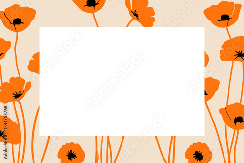 Orange poppy border vector illustration with bold contrast design and blank center for text, place for a text