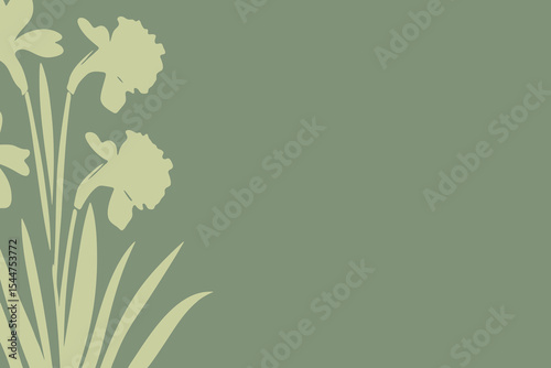Pale daffodil floral border vector illustration with botanical sketch on green background, place for a text