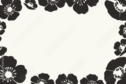 Anemones flower silhouette border vector illustration with cream background and floral frame design, place for a text
