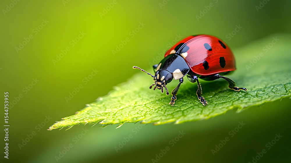 A ladybug exploring the surface of a bright green leaf, with its vivid red shell and distinctive black spots standing out against the green background. A ladybug exploring the surface of a bright green leaf, with its vivid red shell and distinctive black spots standing out against the green background.