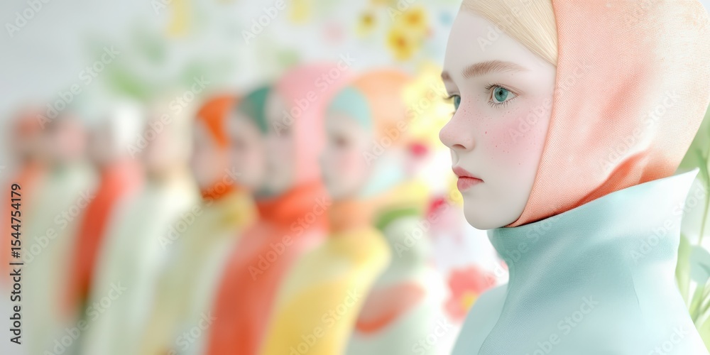 Fototapeta premium Soft Pastel Portrait of a Woman in a Minimalist Hijab