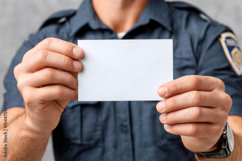 Fototapeta premium Policeman holding a blank white card