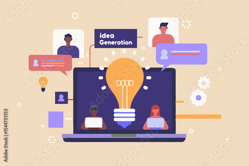 Brainstorming session with team members using online platform for idea generation and problem solving collaborative work and innovation concept illustration