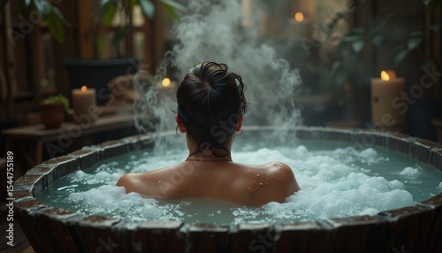 Woman in hot tub with bubbles and steam