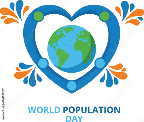 World population day graphic with earth inside a blue heart shape