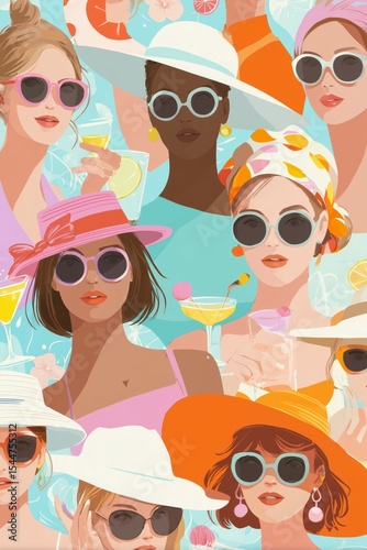 A colorful illustration featuring a variety of women with different ethnicities and styles, wearing sunglasses and hats, set against a lively summer-themed background.