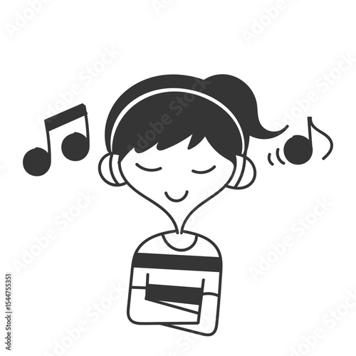 kid hearing music with headset in doodle cartoon