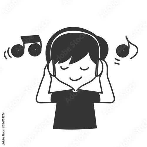 kid hearing music with headset in doodle cartoon