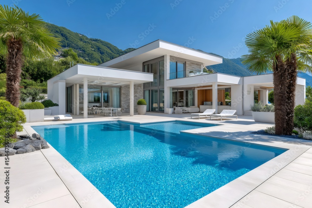 Fototapeta premium Modern luxury villa with infinity swimming pool overlooking mountains