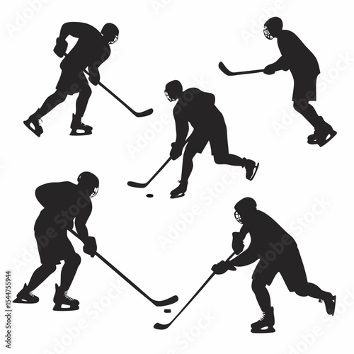 Ice Hockey Player Silhouette Vector Set in Action Poses