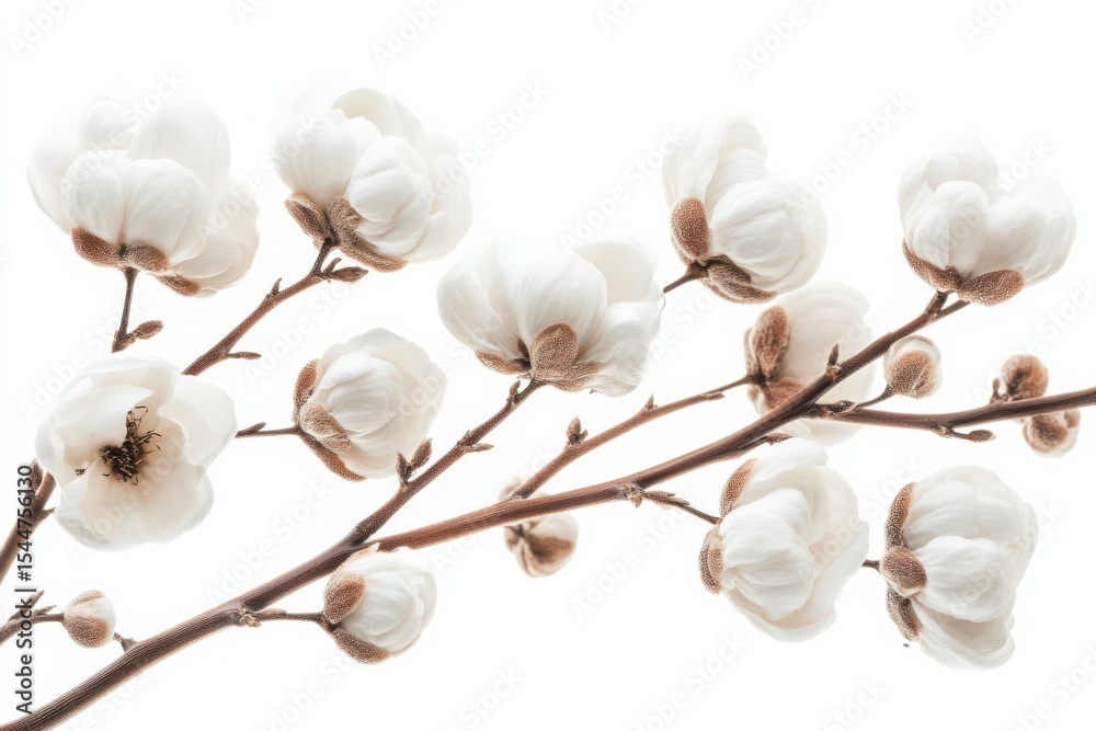 Delicate cotton branch showcasing nature s soft textures on white clean backdrop in white background. Generative Ai Delicate cotton branch showcasing nature s soft textures on white clean backdrop in white background. Generative Ai