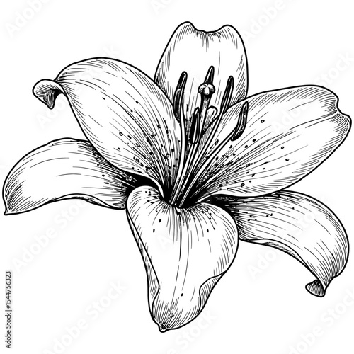 Detailed black and white hand-drawn illustration of a blooming lily flower with fine lines and intricate petal textures, ideal for botanical designs and vintage floral art.