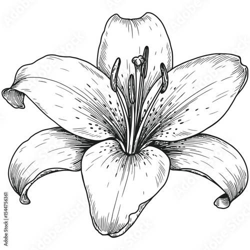 Detailed black and white hand-drawn illustration of a blooming lily flower with fine lines and intricate petal textures, ideal for botanical designs and vintage floral art.