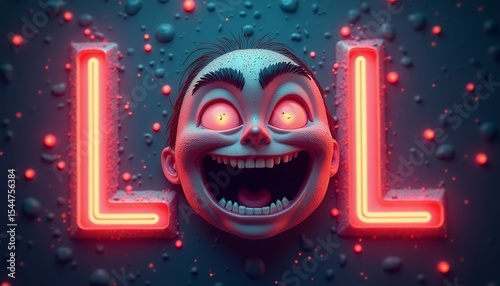 Cartoon Face Laughing Between Neon Letters