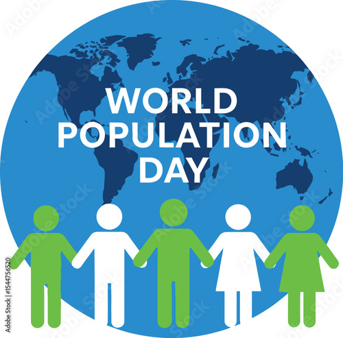 World population day graphic with people holding hands in front globe