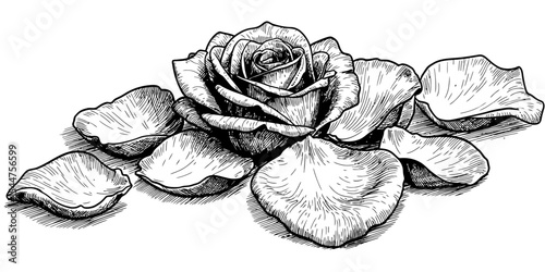 Detailed hand-drawn vector illustration of a rose flower with leaves and thorns in black and white ink style, showcasing intricate botanical elements and romantic symbolism.