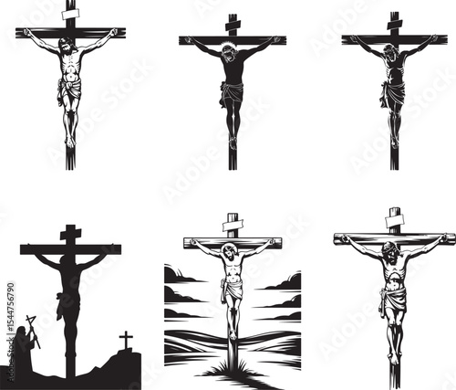Jesus Christ crucifixion cross illustrations set. eps-10